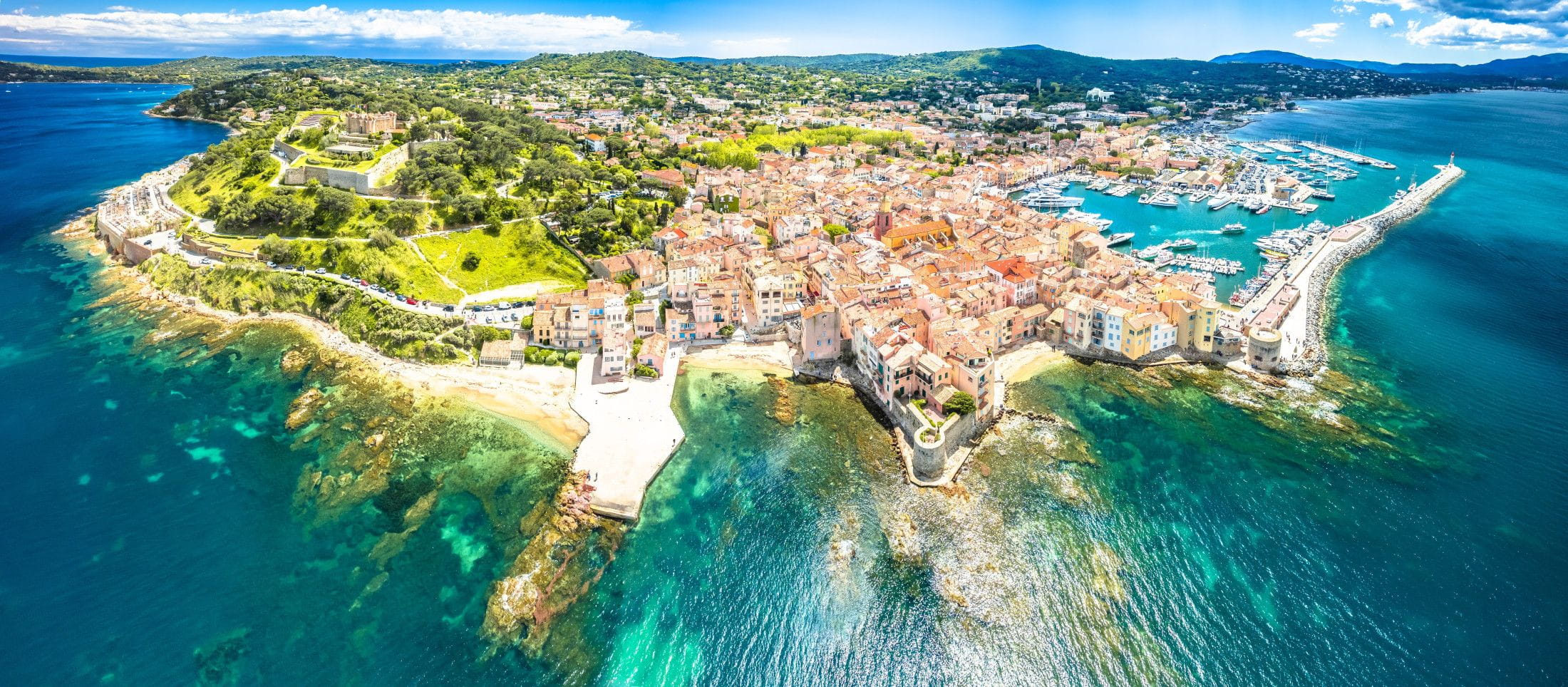 Aerial of Saint-Tropez — the old town and the Mediterranean
